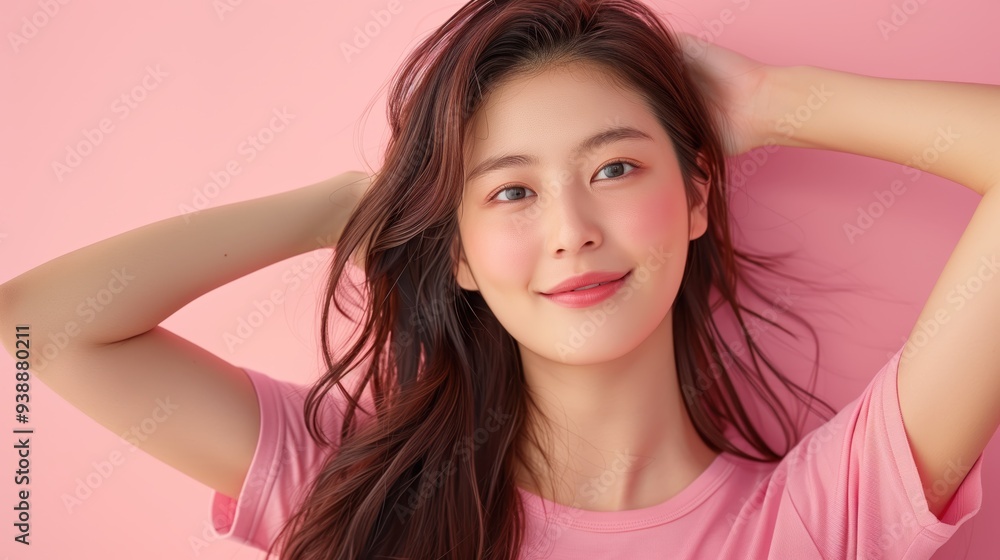 Young Woman with Radiant Skin Smiling and Relaxing on Pink Background, Embracing Beauty and Joy Young Woman with Radiant Skin Smiling and Relaxing on Pink Background, Embracing Beauty and Joy