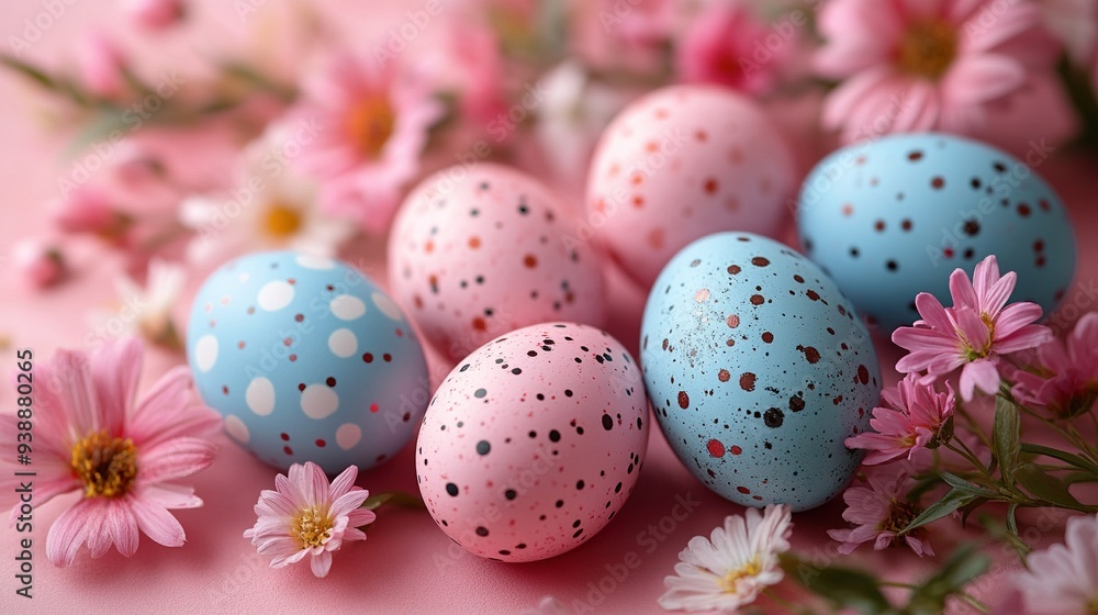 Easter concept flat lay with eggs and flowers on pastel pink background, top view, copy space. Easter concept flat lay with eggs and flowers on pastel pink background, top view, copy space.