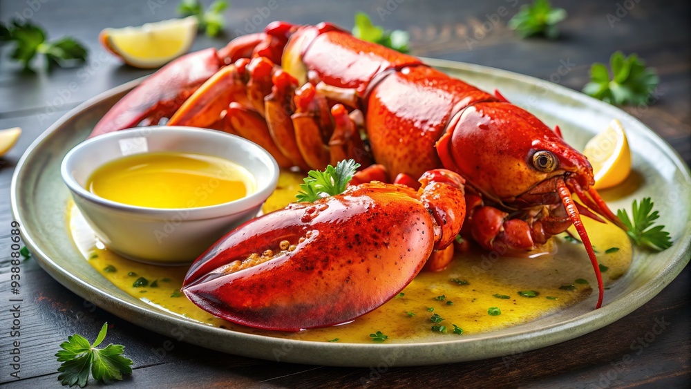 Close-Up Of Cooked Boiled Red Lobster Claw On A Plate With Melted Butter Close-Up Of Cooked Boiled Red Lobster Claw On A Plate With Melted Butter