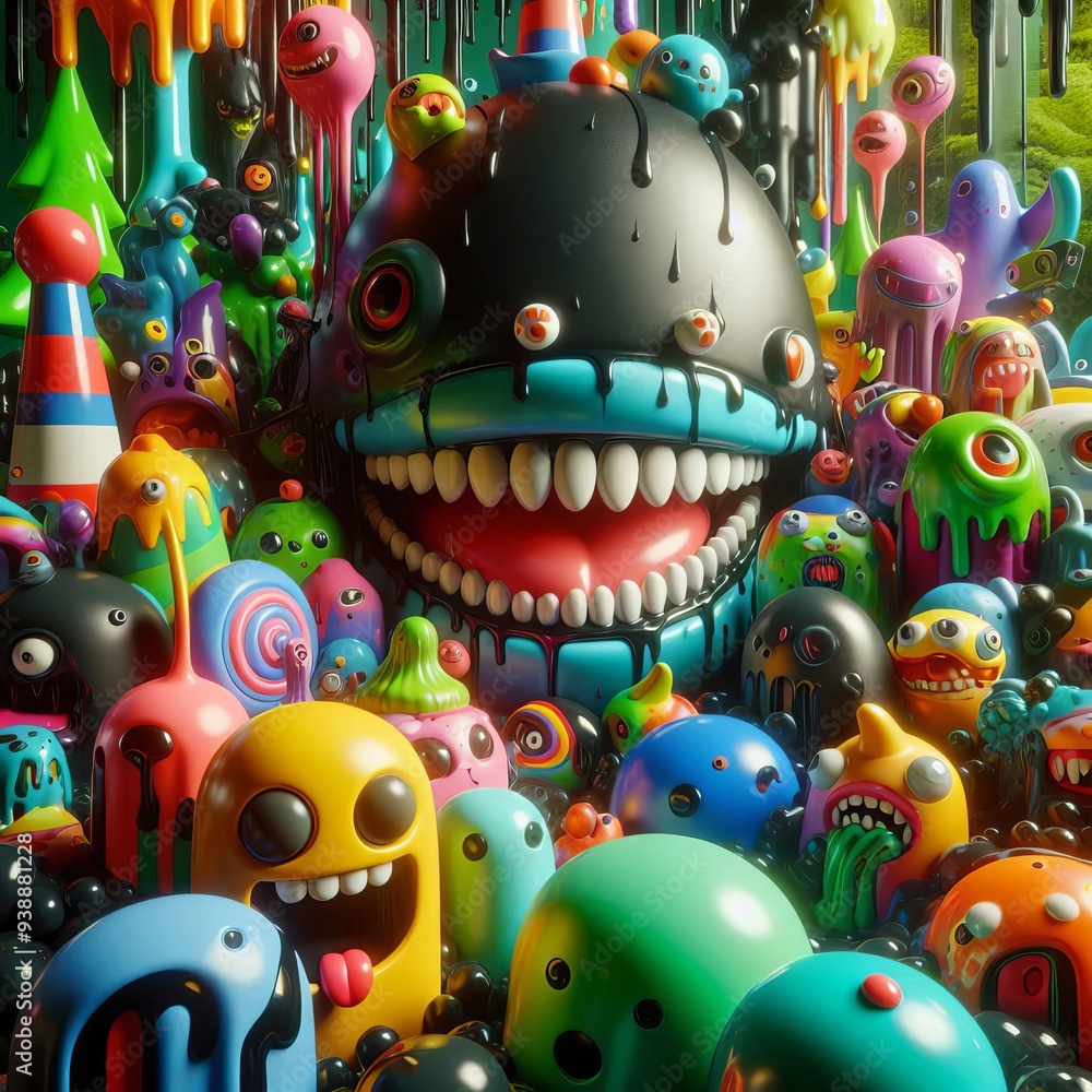 An explosion of color and whimsical charm, where bizarre creatures burst forth in a playful chaotic wonderland of imagination and surprise. An explosion of color and whimsical charm, where bizarre creatures burst forth in a playful chaotic wonderland of imagination and surprise.