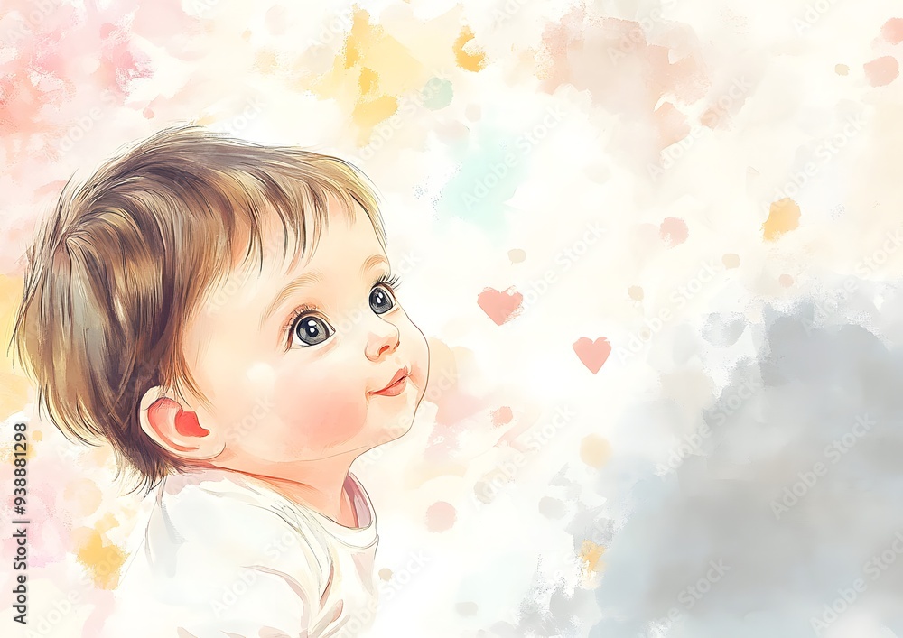 Close-up of baby with brown hair looking up with a dreamy expression on a watercolor background. Template for quotes, and greetings cards. Close-up of baby with brown hair looking up with a dreamy expression on a watercolor background. Template for quotes, and greetings cards.