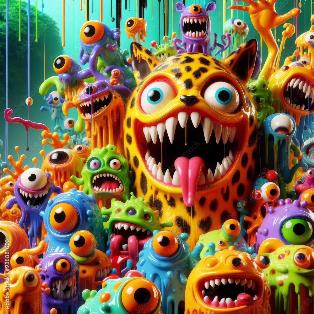 A Colorful Chaos of Monsters: An Exuberant Celebration of Whimsy and Imagination in a Dazzling Display of Vivid Hues and Playful Forms. A Colorful Chaos of Monsters: An Exuberant Celebration of Whimsy and Imagination in a Dazzling Display of Vivid Hues and Playful Forms.