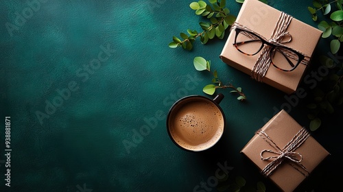 Happy Father's Day banner design with a gift box topper, glasses, and a coffee cup on a dark green background. photo