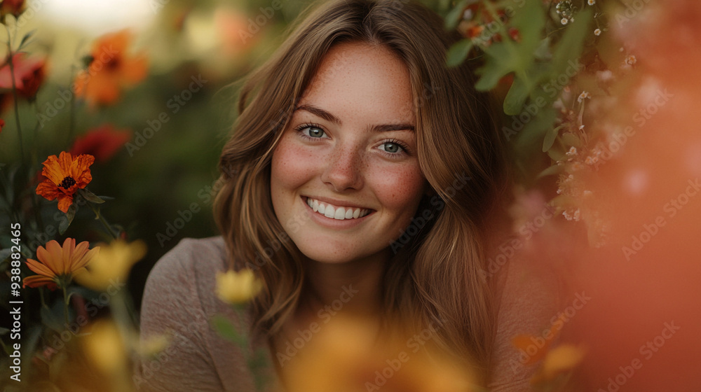 A young woman smiles brightly among vibrant flowers during a sunny afternoon in a beautiful garden setting A young woman smiles brightly among vibrant flowers during a sunny afternoon in a beautiful garden setting