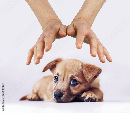Giving a poorly puppy some hands off healing - female hands hovering above a sick puppy dog's crown chakra head on a pale bakcground ideal for Animal healer theme
