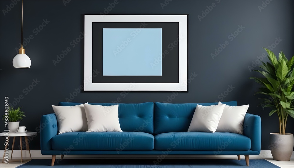 Interior mockup In a white room a blue sofa is placed next to a photo frame on the wall Interior mockup In a white room a blue sofa is placed next to a photo frame on the wall