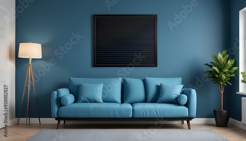 Interior mockup In a white room a blue sofa is placed next to a photo frame on the wall