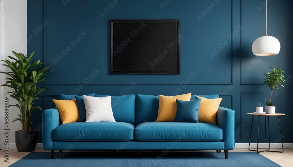 Interior mockup In a white room a blue sofa is placed next to a photo frame on the wall Interior mockup In a white room a blue sofa is placed next to a photo frame on the wall