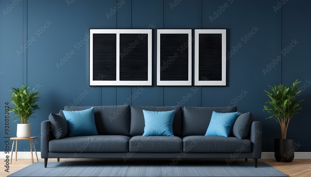 Interior mockup In a white room a blue sofa is placed next to a photo frame on the wall Interior mockup In a white room a blue sofa is placed next to a photo frame on the wall