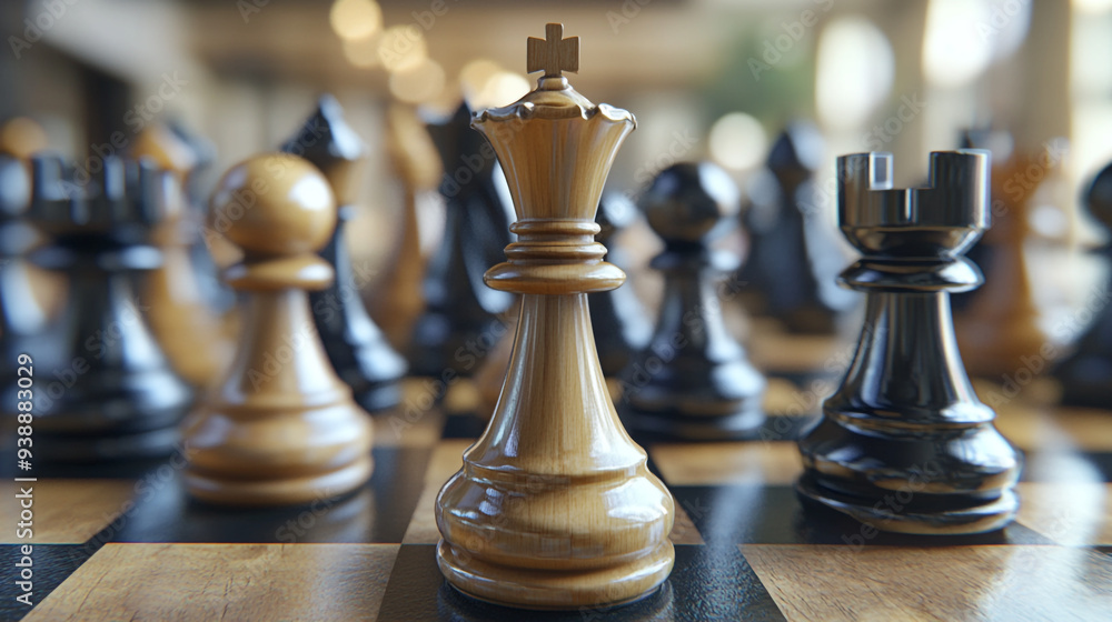 Detailed close-up of a chessboard with wooden pieces during an intense game in a cozy setting Detailed close-up of a chessboard with wooden pieces during an intense game in a cozy setting