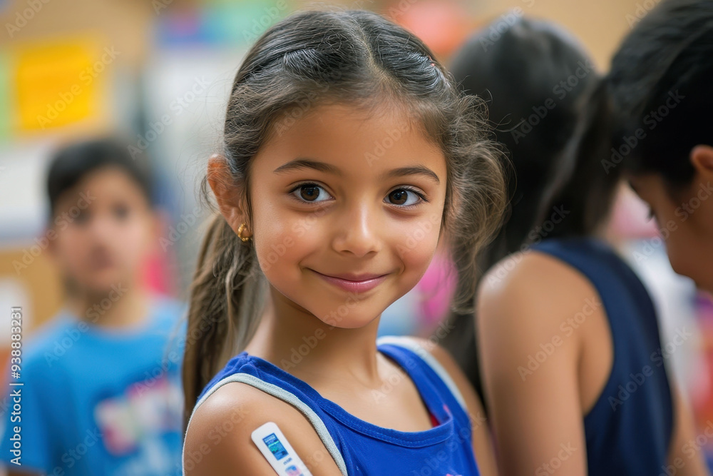 Smiling girl with diabetes monitoring device in classroom Smiling girl with diabetes monitoring device in classroom