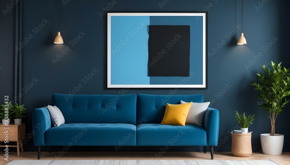 Interior mockup In a white room a blue sofa is placed next to a photo frame on the wall Interior mockup In a white room a blue sofa is placed next to a photo frame on the wall