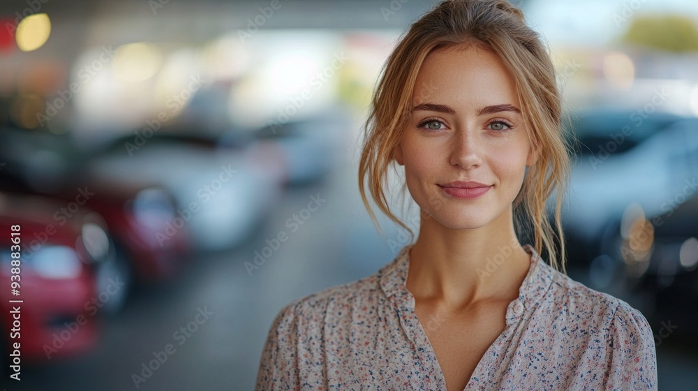 Fototapeta premium A woman with blonde hair and a pretty smile is standing in front of a parking lot. She is wearing a floral shirt and has her hair in a bun