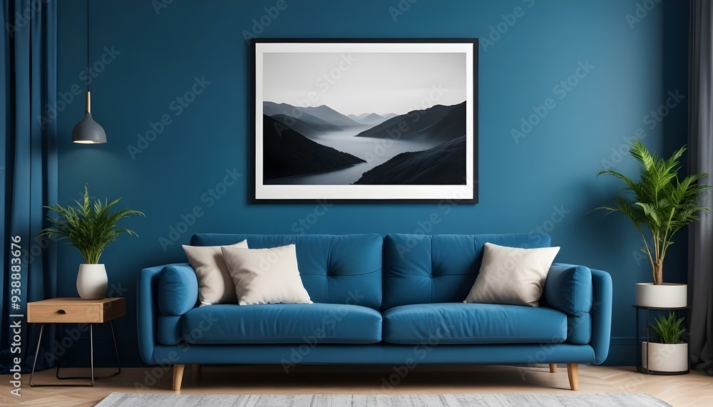 Interior mockup In a white room a blue sofa is placed next to a photo frame on the wall Interior mockup In a white room a blue sofa is placed next to a photo frame on the wall