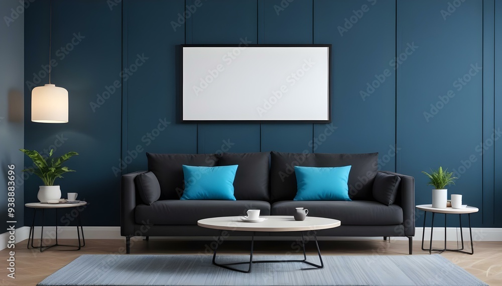 Interior mockup In a white room a blue sofa is placed next to a photo frame on the wall Interior mockup In a white room a blue sofa is placed next to a photo frame on the wall