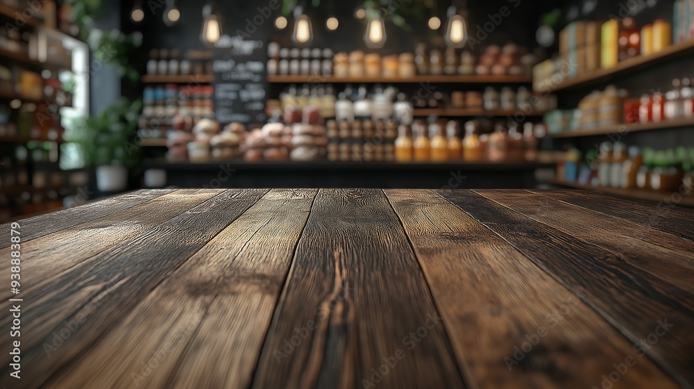 Empty wood table top with supermarket blurred background for product display Empty wood table top with supermarket blurred background for product display