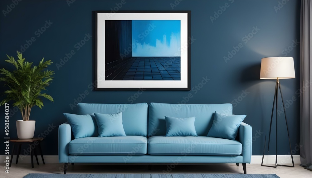 Interior mockup In a white room a blue sofa is placed next to a photo frame on the wall Interior mockup In a white room a blue sofa is placed next to a photo frame on the wall