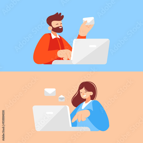 Illustration on the topic of communication via email and messengers in flat style.