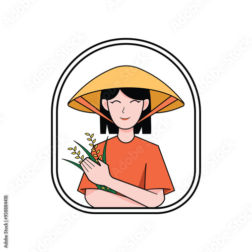 Female farmer wearing a straw hat. An isolated female farmer holding a straw and smiling. Vector cartoon woman farmer with a white background