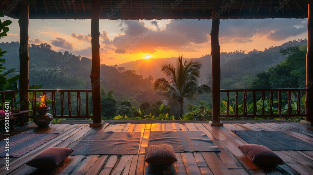 Fototapeta Peaceful Tropical Yoga Retreat at Sunset with Serene Mountain Views and Cozy Yoga Mats