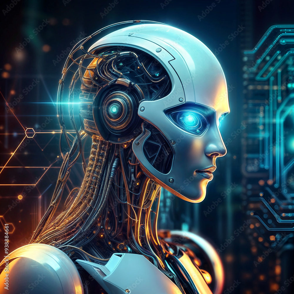 AI or artificial intelligence in image humanoid face head AI robot with tech background AI or artificial intelligence in image humanoid face head AI robot with tech background