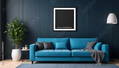 Interior mockup In a white room a blue sofa is placed next to a photo frame on the wall