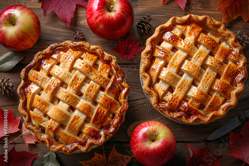 Two small apple pies with lattice. Grey background with copy space.