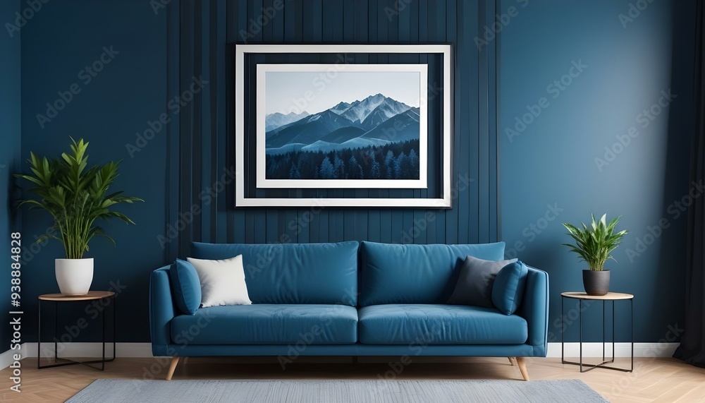 Interior mockup In a white room a blue sofa is placed next to a photo frame on the wall Interior mockup In a white room a blue sofa is placed next to a photo frame on the wall