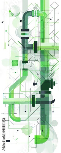 This is an abstract composition of green lines and shapes that resemble a complex technological or industrial schematic.