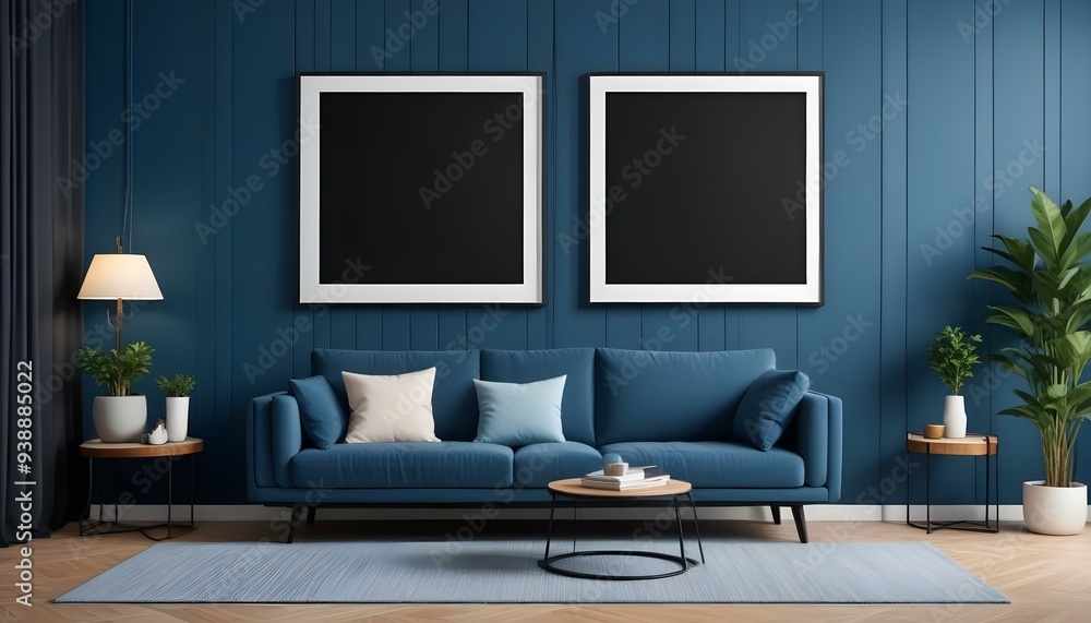 Interior mockup In a white room a blue sofa is placed next to a photo frame on the wall Interior mockup In a white room a blue sofa is placed next to a photo frame on the wall