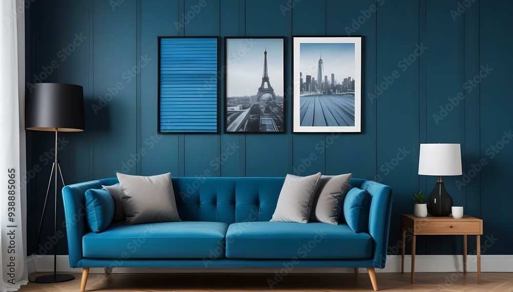 Interior mockup In a white room a blue sofa is placed next to a photo frame on the wall Interior mockup In a white room a blue sofa is placed next to a photo frame on the wall