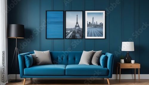 Interior mockup In a white room a blue sofa is placed next to a photo frame on the wall