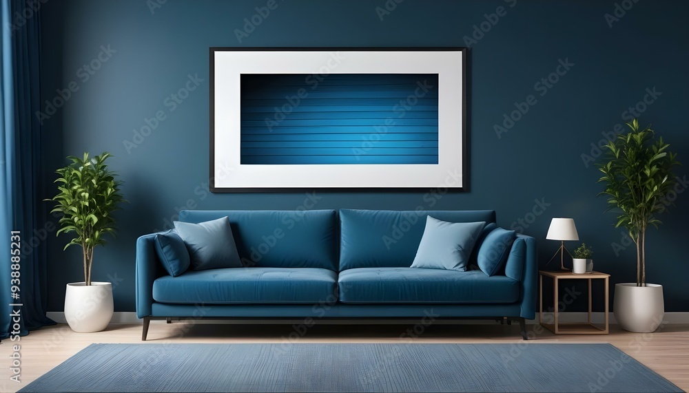 Interior mockup In a white room a blue sofa is placed next to a photo frame on the wall Interior mockup In a white room a blue sofa is placed next to a photo frame on the wall