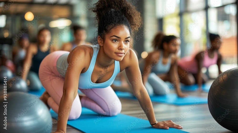 Diverse Group Practicing Yoga in Bright Studio with Natural Lighting Diverse Group Practicing Yoga in Bright Studio with Natural Lighting