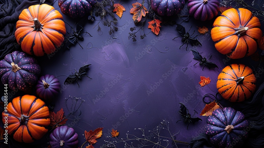 Happy Halloween party poster with pumpkins, bats, and a spider on a purple background, top view. Happy Halloween party poster with pumpkins, bats, and a spider on a purple background, top view.