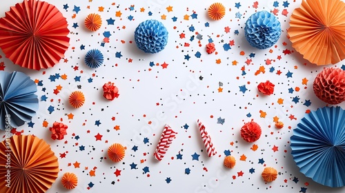 Independence Day banner with fireworks, American flag colors, paper fans, and confetti stars on a white background for USA Independence Day, Labor Day, and US elections.