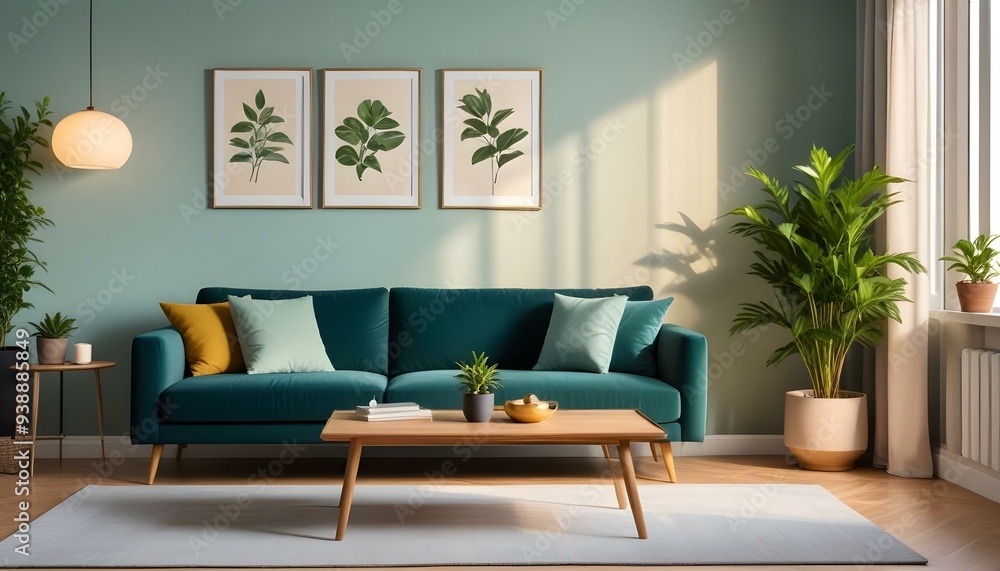 Interior mockup In a white room a blue sofa is placed next to a photo frame on the wall Interior mockup In a white room a blue sofa is placed next to a photo frame on the wall