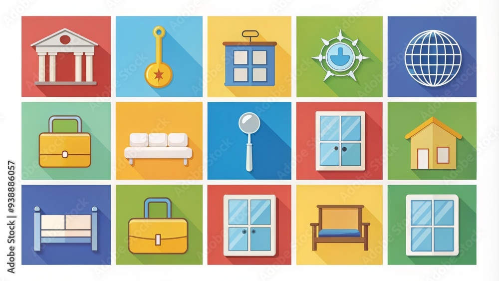 Colorful icons of hotel amenities, including a building, door key, bed, towel, suitcase, and globe, arranged in a neat grid on a white background. Colorful icons of hotel amenities, including a building, door key, bed, towel, suitcase, and globe, arranged in a neat grid on a white background.