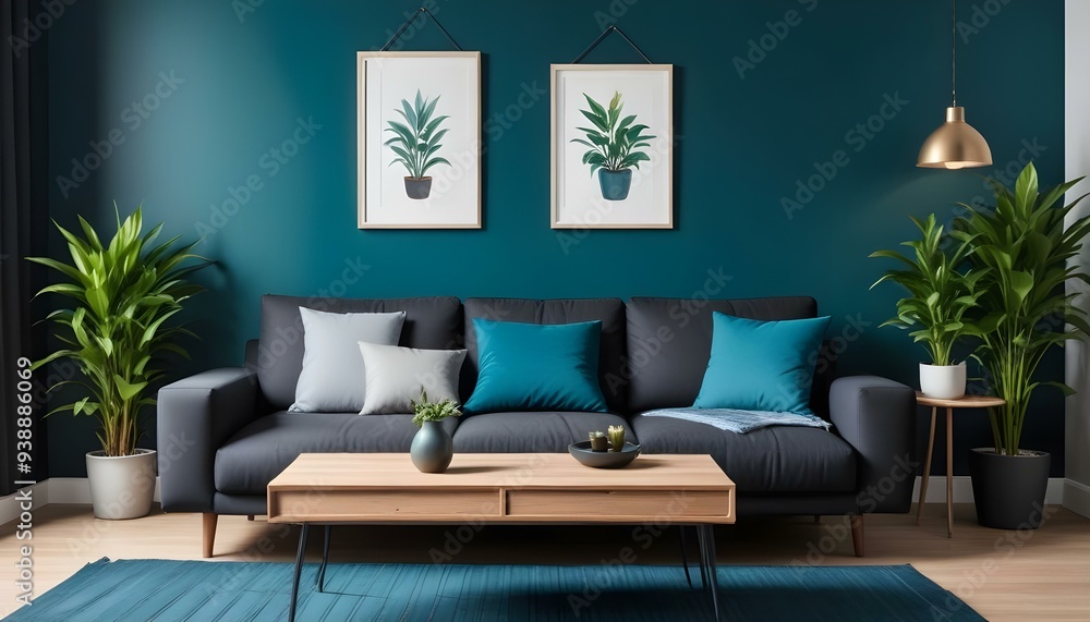 Interior mockup In a white room a blue sofa is placed next to a photo frame on the wall Interior mockup In a white room a blue sofa is placed next to a photo frame on the wall