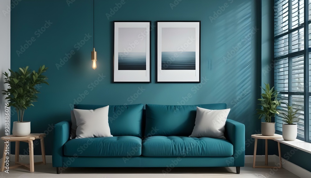 Interior mockup In a white room a blue sofa is placed next to a photo frame on the wall Interior mockup In a white room a blue sofa is placed next to a photo frame on the wall
