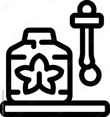 Line icon of a jar with a flower on it and a dropper, evoking homemade cosmetics