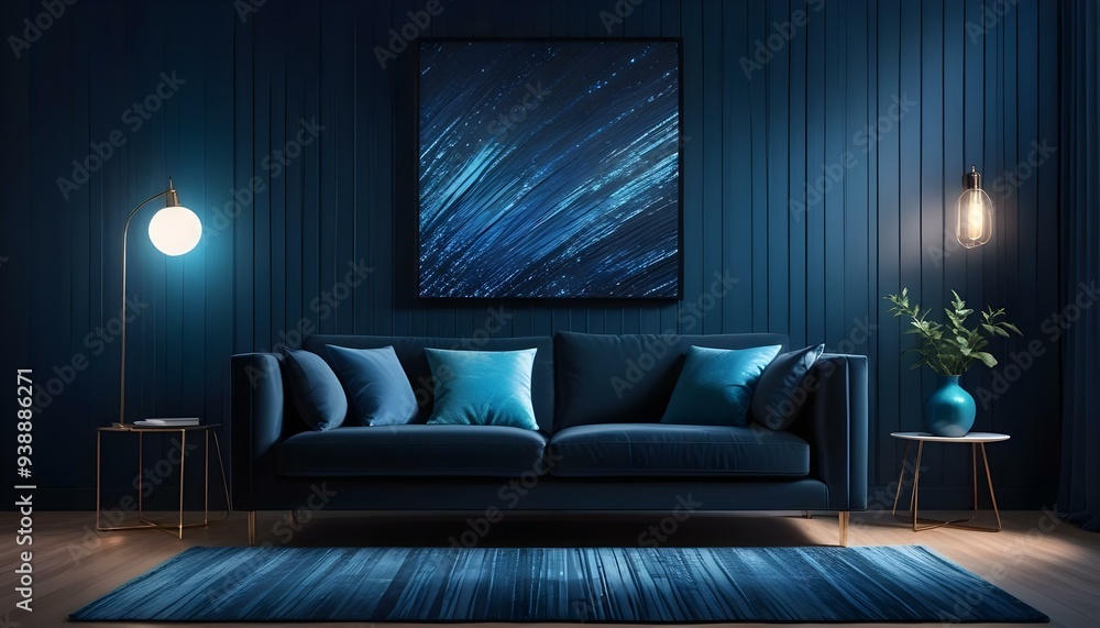 Interior mockup In a white room a blue sofa is placed next to a photo frame on the wall Interior mockup In a white room a blue sofa is placed next to a photo frame on the wall