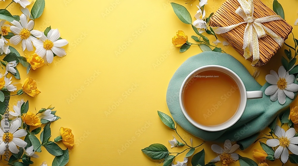 Happy Mother's Day card with wicker flower basket, coffee mug, and gift box on a pastel yellow background, flat lay view. Happy Mother's Day card with wicker flower basket, coffee mug, and gift box on a pastel yellow background, flat lay view.