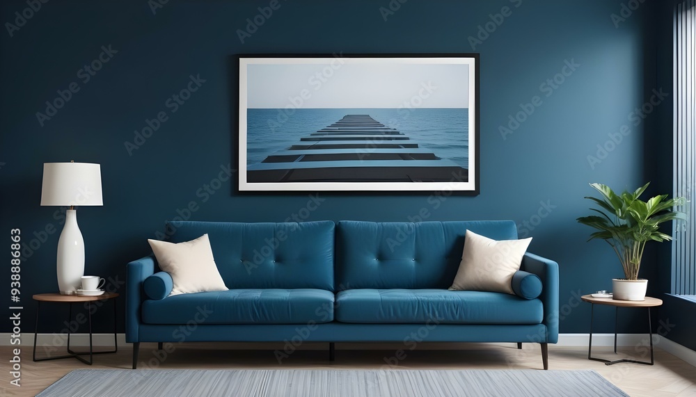 Interior mockup In a white room a blue sofa is placed next to a photo frame on the wall Interior mockup In a white room a blue sofa is placed next to a photo frame on the wall