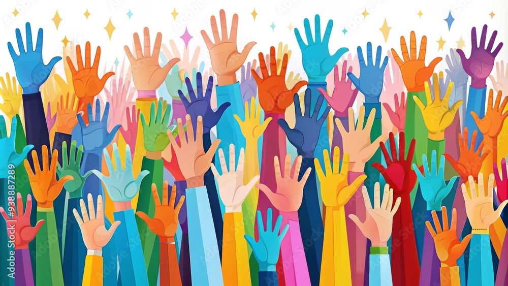 Colorful illustration of diverse hands waving in the air, forming a joyful and celebratory atmosphere, perfect for expressing happiness and excitement. Colorful illustration of diverse hands waving in the air, forming a joyful and celebratory atmosphere, perfect for expressing happiness and excitement.