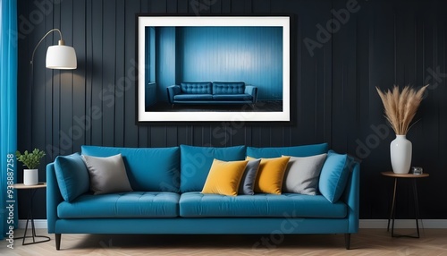 Interior mockup In a white room a blue sofa is placed next to a photo frame on the wall