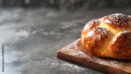 Delicious sweet bun on table, closeup. Space for text photo