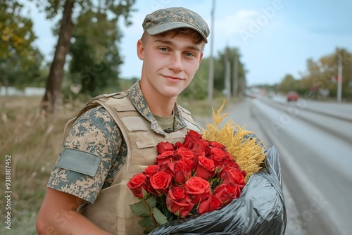 Soldier returning home, wearing summer camouflage uniform, military vest, cap, holding bouquet of red roses, smiling. Blue sky, street, trees with yellow leaves. photo