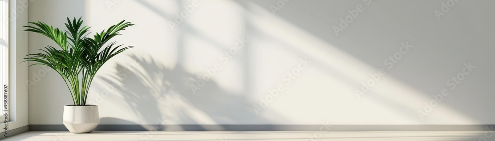 A modern indoor plant in a white pot, casting shadows on a light wall, enhancing interior decor with a touch of nature. A modern indoor plant in a white pot, casting shadows on a light wall, enhancing interior decor with a touch of nature.