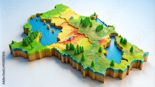 Colorful map of Rwanda, a small landlocked country in East Africa, showcasing its borders, provinces, lakes, and mountainous terrain with a slight 3D effect. photo